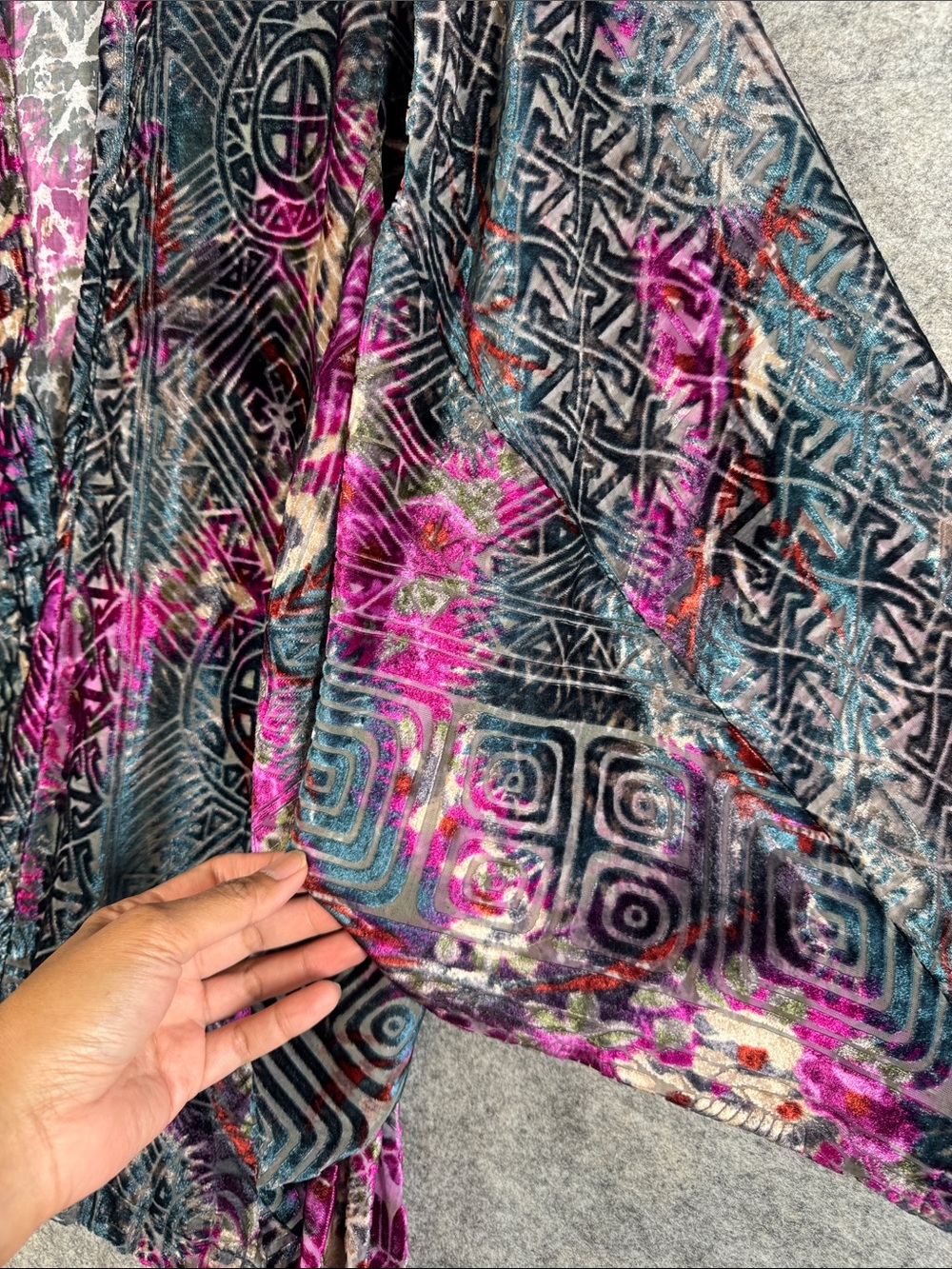 Anthropologie Multicolor Velvet Kimono Cardigan Black Fuchsia Festival Duster - Picture 5 of 14